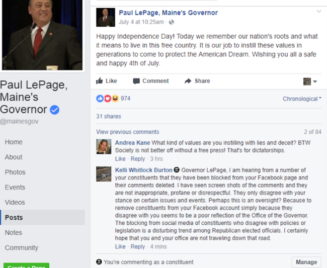 ACLU of ME  sues Gov. LePage over 'Facebook censorship'