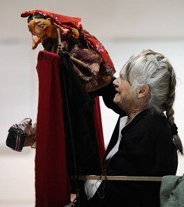 Amy Trompetter of Redwing Blackbird Theater performs for puppeteers attending at the National Puppetry Festival at the University of Connecticut, Monday, Aug. 10, 2015, in Storrs, Conn. Puppeteers from around the world began descending on UConn Monday to participate in the weeklong festival of all things puppet. (AP Photo/Jessica Hill)