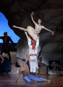 Irlan Silva, Lasha Khozashvili, and Seo Hye Han in Ivan Liška's Le Corsaire; photo by Liza Voll, courtesy of Boston Ballet