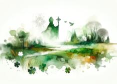 St. Patrick’s Day. Green watercolor landscape with bishop silhouette, church and clover leaves. Vector illustration.